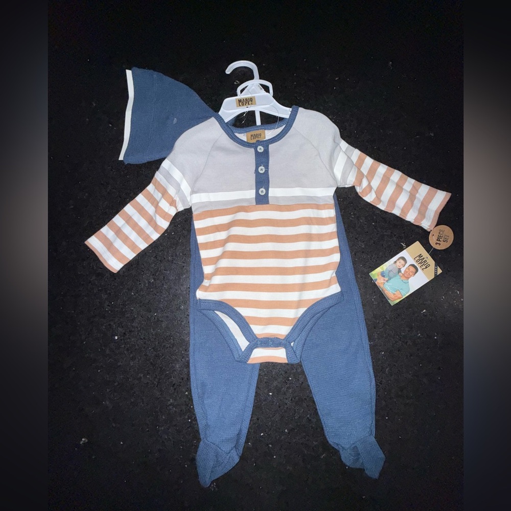 NEW MARIO LOPEZ BABY BOY 3 PEICE NAVY TAN WHITE GREY STRIPE OUTFIT WITH HAT 6m